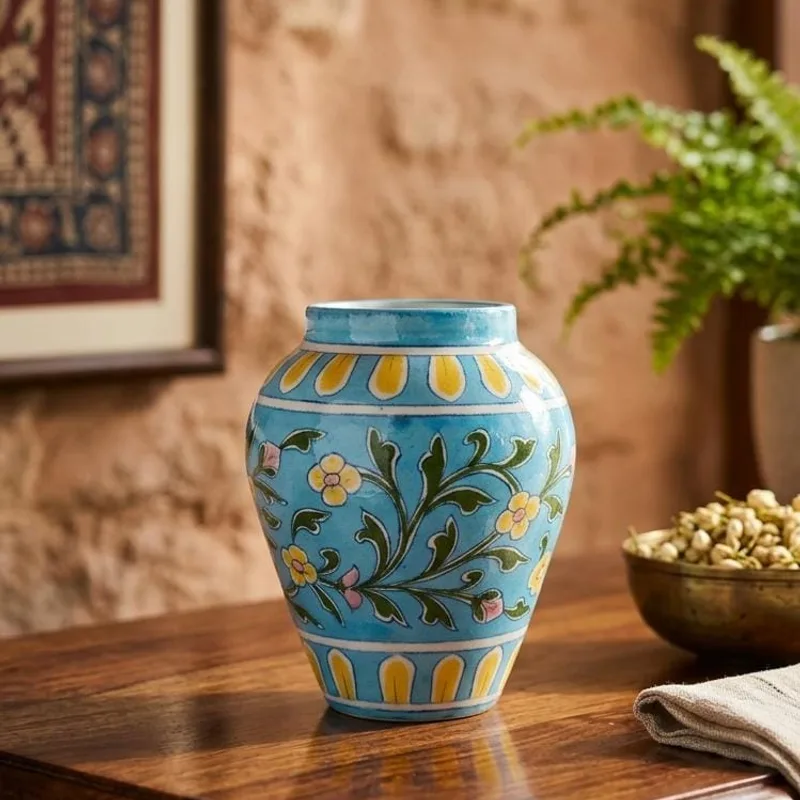 Blue Pottery Handiya Flower Vase — Neerja International (Jaipur blue pottery)