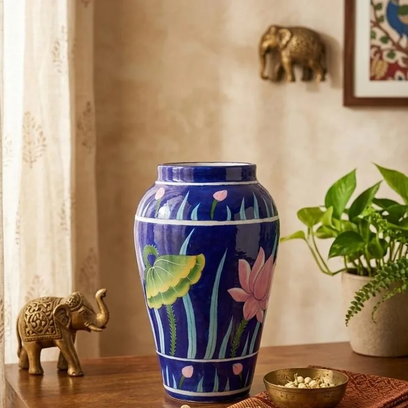 Blue Pottery Handiya Flower Vase — Neerja International (Jaipur blue pottery)