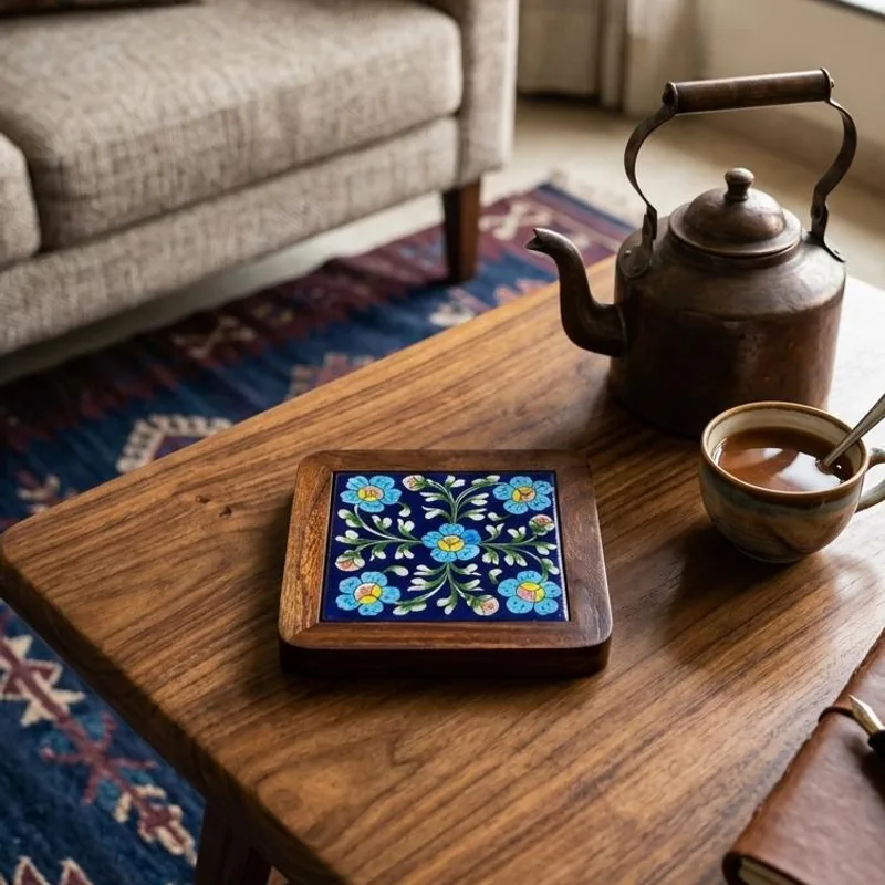 Jaipur Blue Pottery Hot Trays (Trivets) with Wood — Neerja International (Jaipur blue pottery)
