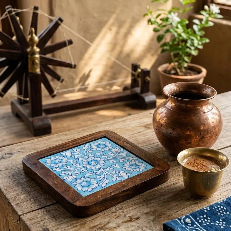 Jaipur Blue Pottery Hot Trays (Trivets) with Wood — Neerja International (Jaipur blue pottery)