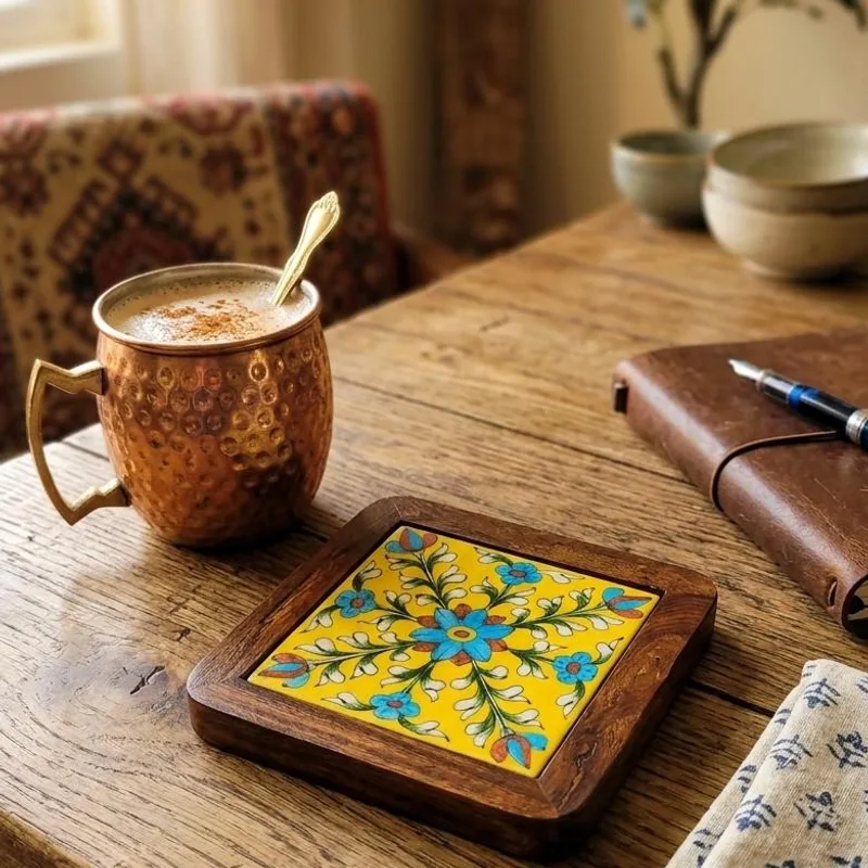 Jaipur Blue Pottery Hot Trays (Trivets) with Wood — Neerja International (Jaipur blue pottery)