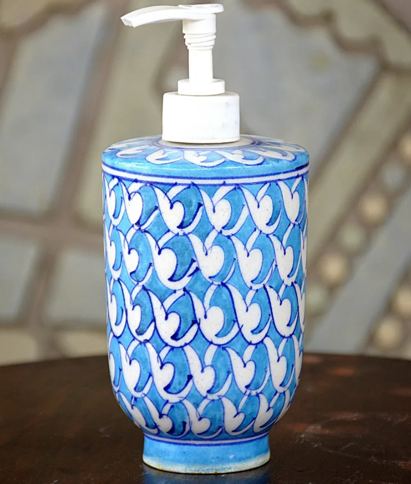 Blue Pottery Blue Leaf Handmade Liquid Soap Dispenser — Blue Jaipur (blue pottery)
