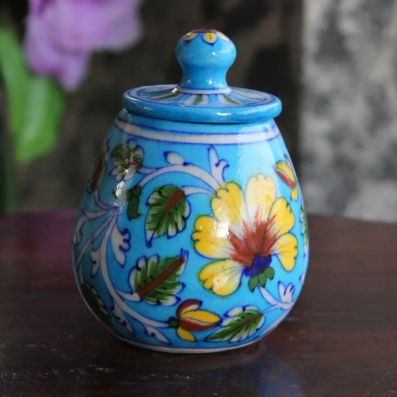 Blue Pottery Green Leaf Sugar Pot — Blue Jaipur (blue pottery)