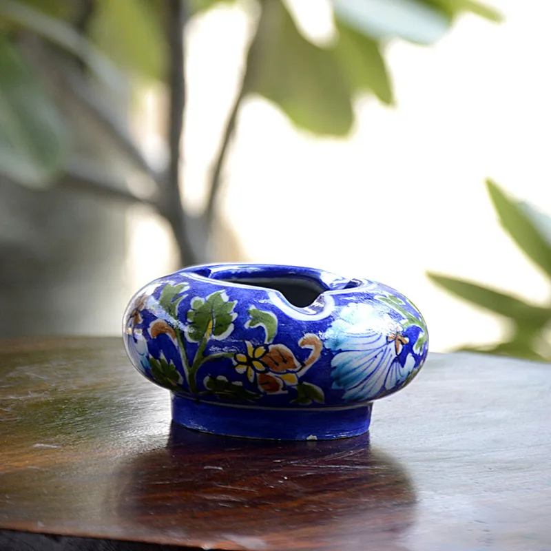 BLUE POTTERY HANDCRAFTED BLUE FLORAL ASH TRAY — Blue Jaipur (blue pottery)