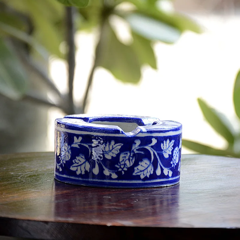 BLUE POTTERY HANDMADE BLUE FLORAL ASH TRAY — Blue Jaipur (blue pottery)