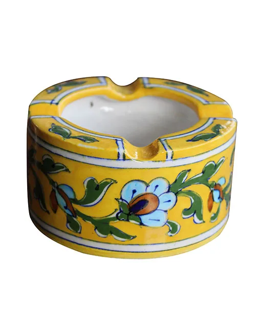 BLUE POTTERY HANDMADE YELLOW FLORAL ASH TRAY — Blue Jaipur (blue pottery)