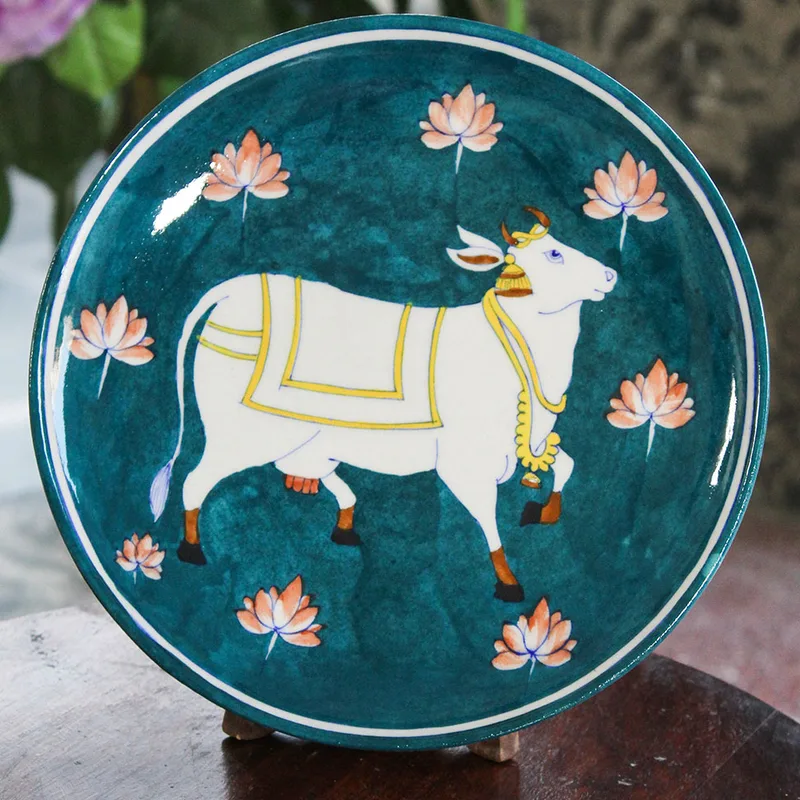 Blue Pottery Sea Blue Kamdhenu Cow Wall Plate – 10 Inch — Blue Jaipur (blue pottery)