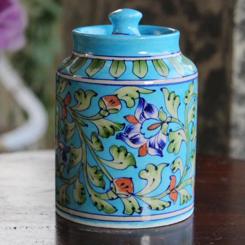 Blue Pottery Turquoise Floral Sugar / Cookie Jar – 5.5 Inch — Blue Jaipur (blue pottery)