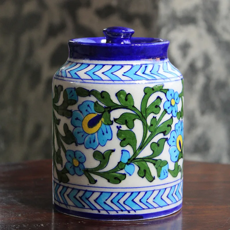 Blue Pottery White Green Leaf Sugar/Cookies Jar – 5.5 Inch — Blue Jaipur (blue pottery)