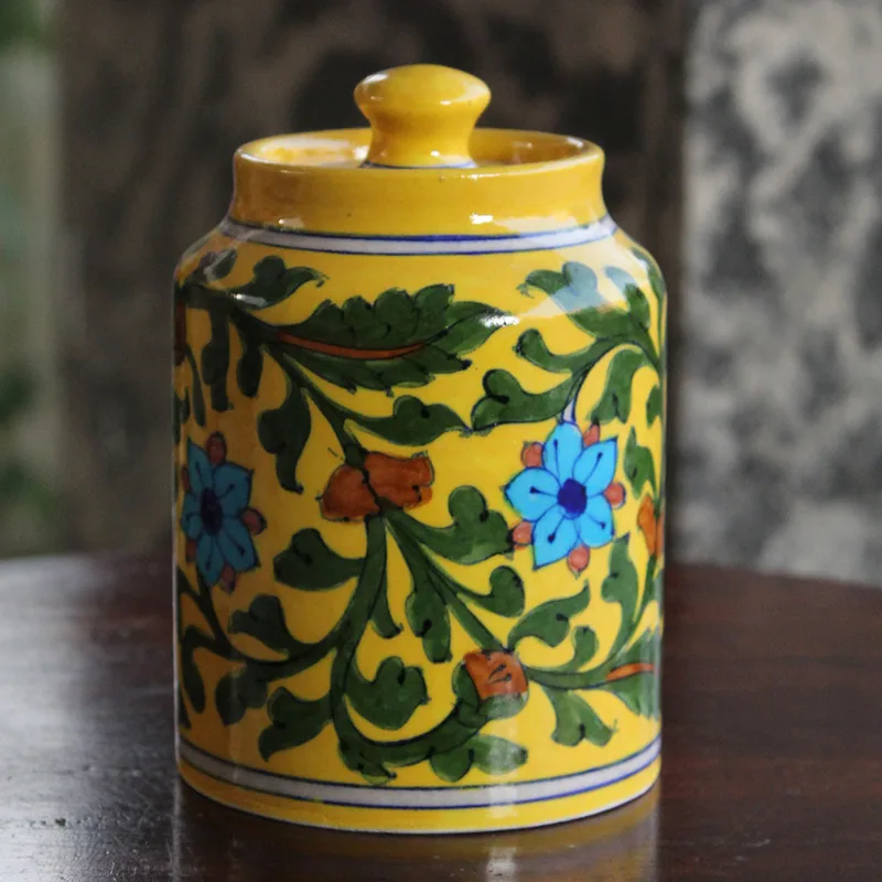 Blue Pottery Yellow Floral Sugar/ Cookie Jar – 5.5 Inch — Blue Jaipur (blue pottery)
