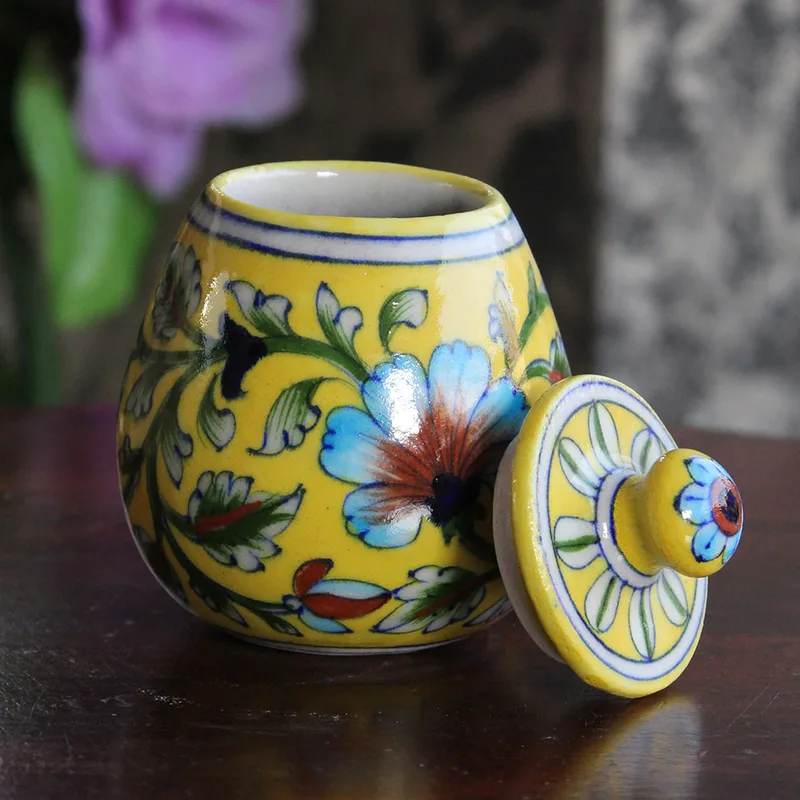 Blue Pottery Yellow Leaf Oval Sugar Pot – 3.5 Inch — Blue Jaipur (blue pottery)