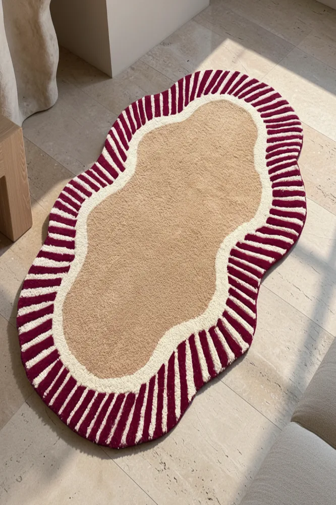 BEIGE & MAROON BORDER HAND TUFTED RUG — Imperial Knots (Bhadohi/Mirzapur)