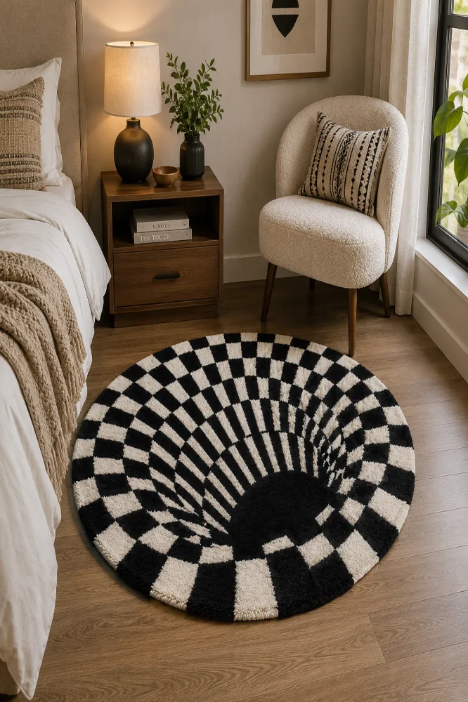 BLACK AND WHITE VORTEX  ROUND HAND TUFTED RUG — Imperial Knots (Bhadohi/Mirzapur)