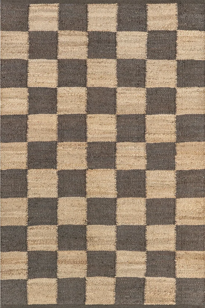 GREY AND BEIGE CHECKERED JUTE RUG — Imperial Knots (Bhadohi/Mirzapur)