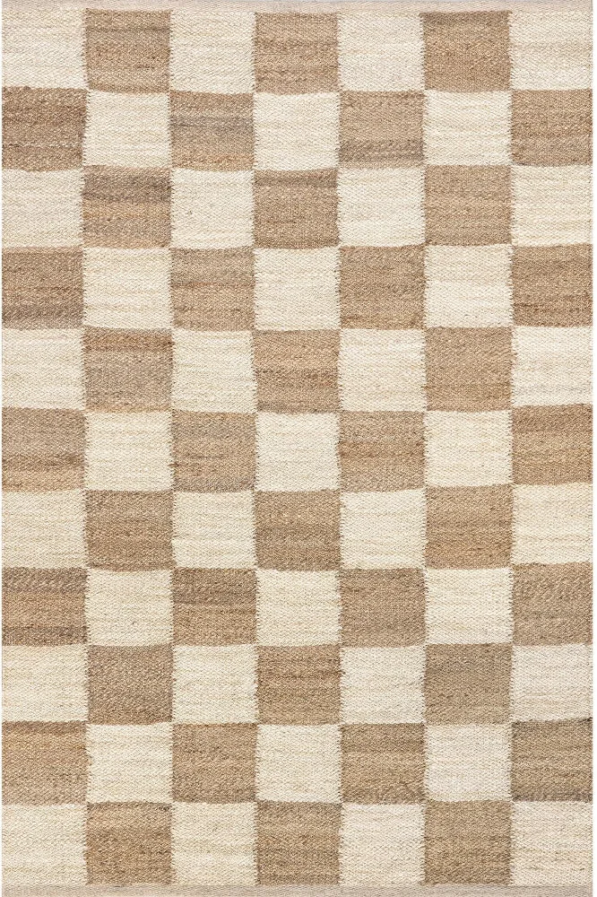 IVORY AND BEIGE CHECKERED JUTE RUG — Imperial Knots (Bhadohi/Mirzapur)