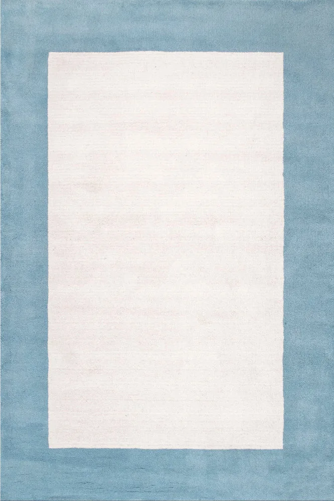 IVORY & BLUE BORDERED HAND TUFTED RUG — Imperial Knots (Bhadohi/Mirzapur)