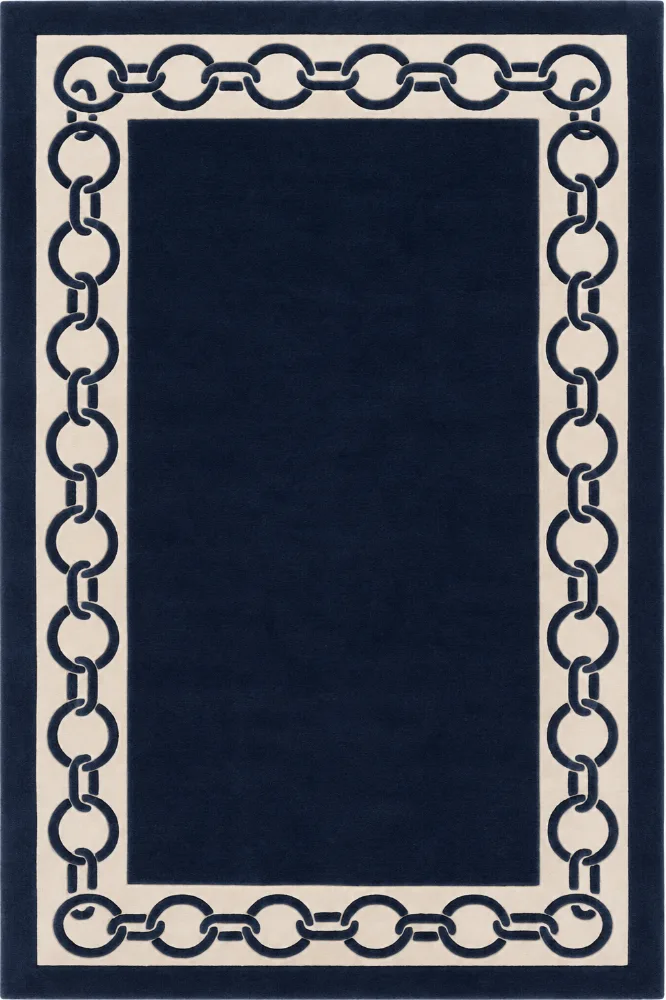 IVORY & NAVY BLUE RING BORDERED HAND TUFTED RUG — Imperial Knots (Bhadohi/Mirzapur)