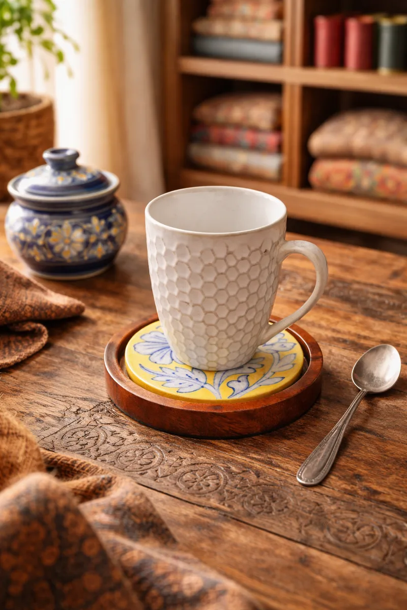 Blue Pottery Coasters With Wooden Frame — Neerja International (Jaipur blue pottery)